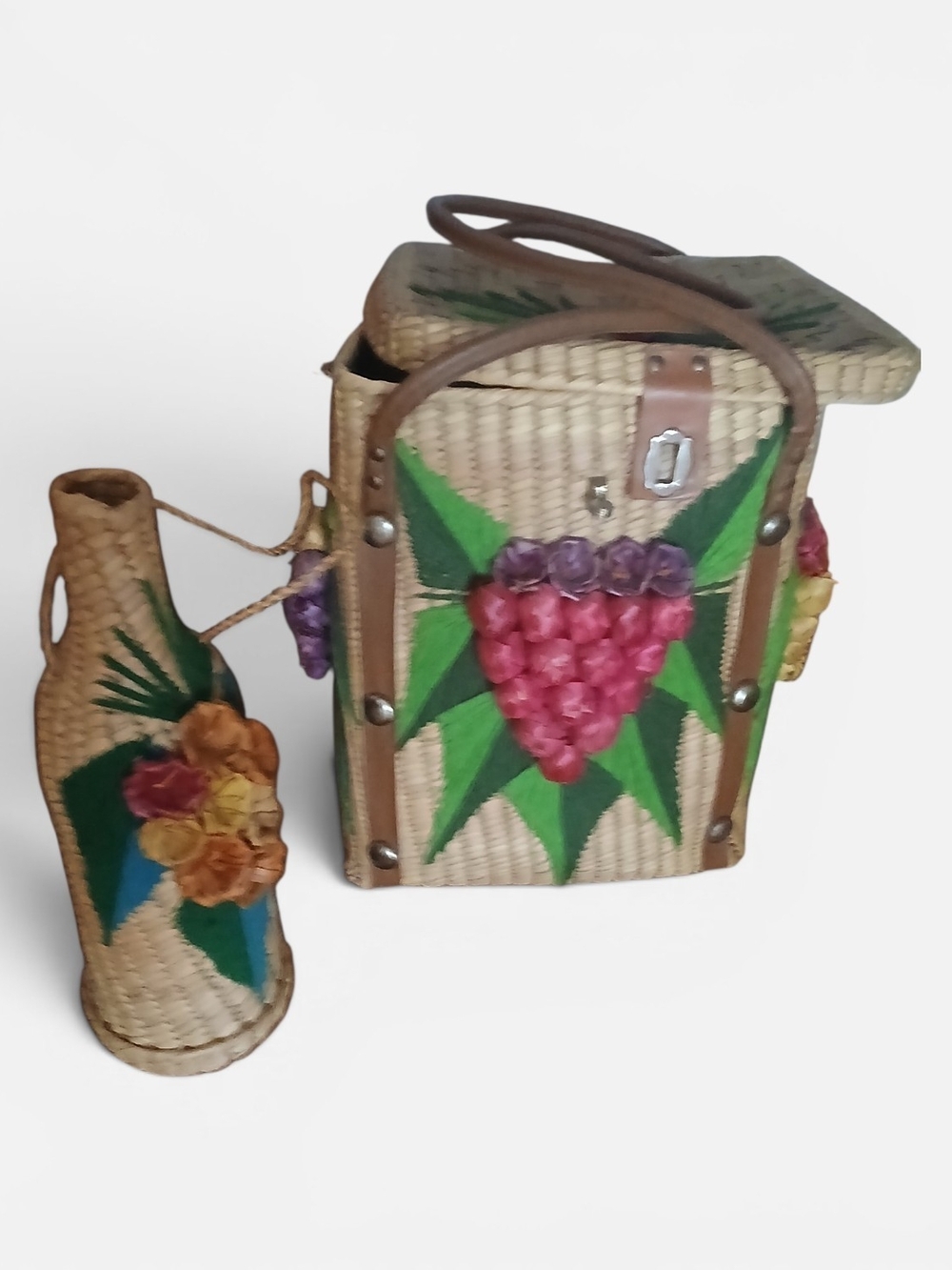 Vintage Mid Century Taxco Woven Basket And Bottle Holder Set 1960s
